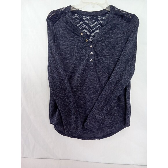 No Boundaires Womens Medium (7-9) Blouse Blue Lace Button long sleeve v‎ neck - Picture 3 of 13